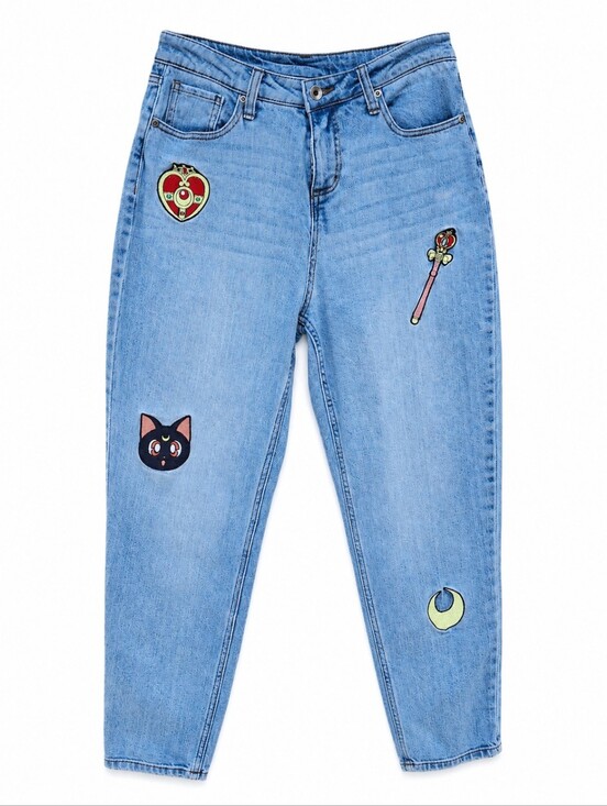 Hot Topic Denim - Hot Topic Sailor Moon Icons Embroidered Patchwork Mom Jeans Juniors Size 5